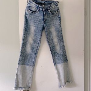 Jeans with two toned color, frayed hem. NWOT. Waist 13 1/2” Inseam 29” Rise 8”
